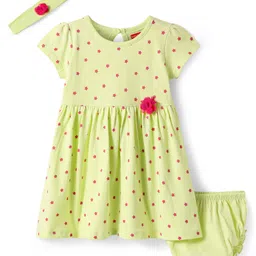 Babyhug Single Jersey Knit Half Sleeves Polka Dot Printed Frock With Floral Applique Bloomer & Headband - Light Green-image-52