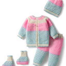 Babyhug Knit Full Raglan Sleeves Front Open Sweater & Pant Set with Cap & Booties with Color Block Design - Pink & Light Blue-picture-32