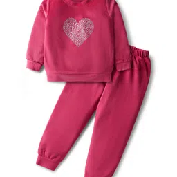 Babyhug Velour Woven Full Sleeves Winter Wear T-Shirt & Lounge Pant Set With Heart Embroidery - Fuchsia-picture-17