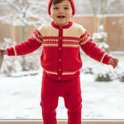 Babyhug Knit Full Sleeves Front Open Sweater Set with Fair Isle Design & Cap - Red-picture-32