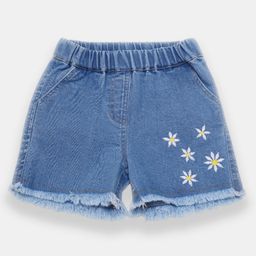 Creative Kids Denim Cotton Floral Embroidered Frayed Shorts - Light Blue-picture-25