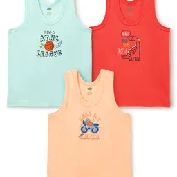 Zero Knit Sleeveless Vests With Dino & Bike Print Pack of 3 - Red Orange & Aqua Blue-image-40