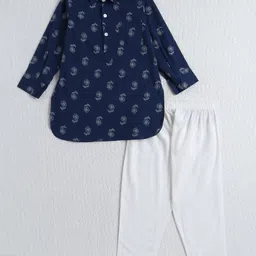 The Magic Wand Cotton Woven Full Sleeves Floral Printed Kurta & Pyjama Set - Navy Blue-picture-40