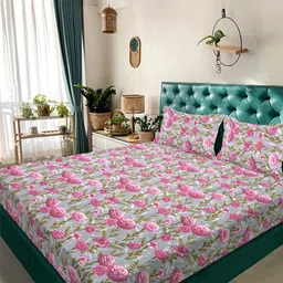 KLOTTHE Pink & Blue Floral Printed 300 TC King Bedsheet Set 2.5 m x 2.25 m-image-53