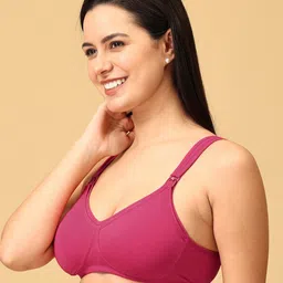 The Mom Store Cotton Elastane Pack Of 3 Sleeveless Solid Nursing Non Padded Bras - Black Beige & Fuchsia image 3