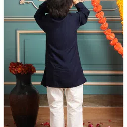 Polka Tots Cotton Full Sleeves Ethnic Foil Printed Kurta Pyjama Set - Navy Blue image 3