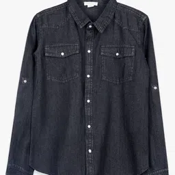 PURPLE UNITED KIDS Denim Woven Full Sleeves Solid Shirt - Black image 4