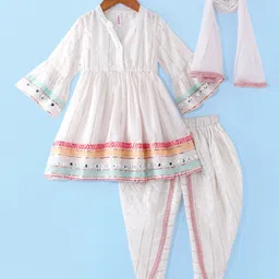 Babyhug Woven Three Fourth Sleeves Mirror Work Embroidered Kurta & Dhoti Set with Dupatta - White image 4