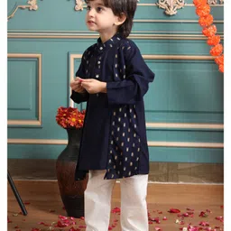 Polka Tots Cotton Full Sleeves Ethnic Foil Printed Kurta Pyjama Set - Navy Blue image 5