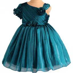 Babyhug Woven Half Sleeves Shimmered Party Dress With Pintuck Design & Corsage Applique - Teal Blue image 5
