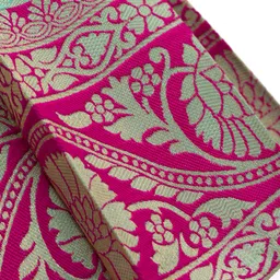 Enfance Half Puffed Sleeves Banarasi Floral Printed Pattu Pavdai Knee Length Dress - Green image 5