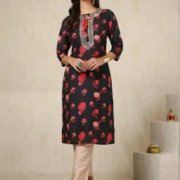 Soch Black Floral Print Straight Kurta image 3