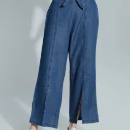 High Star Blue Flared Fit High Rise Palazzos-image-1