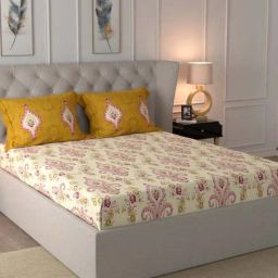 Urban Space Serene Cream & Mustard Cotton 180 TC Bed Sheet Set-picture-39