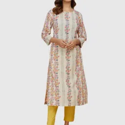 Fabindia White & Peach Cotton Floral Print Straight Kurta-image-53