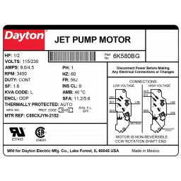 DAYTON Jet Pump Motor Open Dripproof Face/Base Mounting 1/2 HP 3450 Nameplate RPM 56J Frame 1, 6K580 image 3