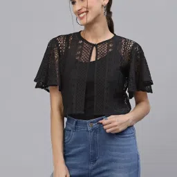 Style Quotient Women Black Self Design Lace Open Front Smart Casual Shrug image 3