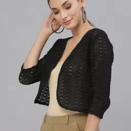 Style Quotient Women Black cotton self design lace crop open front shrug image 3