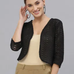 Style Quotient Women Black cotton self design lace crop open front shrug image 1