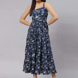 Divena Blue Cotton Printed A-Line Dress image 1