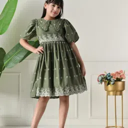 Bella Moda Girls Green Cotton Embroidered Dress-image-81