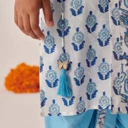 Pspeaches Boys Blue Cotton Regular Fit Floral Print Kurta Set image 5