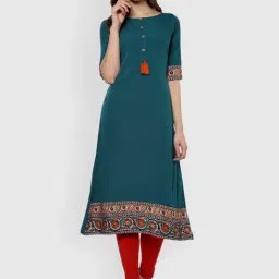 Janasya Teal Blue Printed A Line Kurta-picture-12