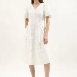 United Colors of Benetton White Cotton Embroidered A Line Dress-image-55