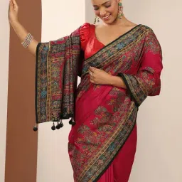 Libas Red Floral Print Saree With Unstitched Blouse image 5