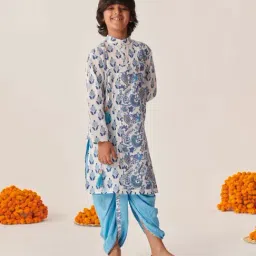 Pspeaches Boys Blue Cotton Regular Fit Floral Print Kurta Set image 3