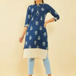 Soch Indigo Cotton Floral Printed Straight Kurta-picture-31