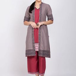 Biba Ethnic Motifs V Neck Pure Cotton Straight Kurta With Palazzos & Jacket-picture-27