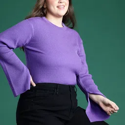 DressBerry Curve Acrylic Ribbed Flared Sleeve Pullover-picture-28