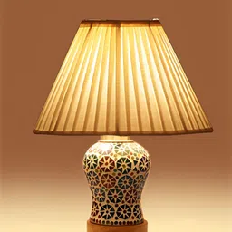 Devansh Off White Printed Wooden Frustum Shaped Table Lamp With Mosaic Glass Base image 2
