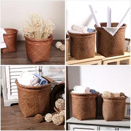 Luxshiny Storage Basket Straw Trash Can Woven Wastebasket Bedroom Trash Can Decorative Gift Basket Storage Holder Straw Storage Container for Home 26X26X26CM image 5