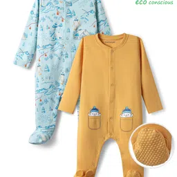 Babyoye 100% Cotton Knit Full Sleeves Sleep Suits With Winter Print Pack of 2 - Light Blue & Yellow-picture-12