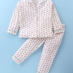 Doreme Single Jersey Full Sleeves Night Suit with Floral Print - White& Green-image-40