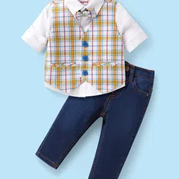 Babyhug Woven Full Sleeves Checks 3 Piece Party Suit With Bow - White-picture-19