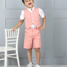 Aww Hunnie Cotton Woven Half Sleeves Solid Shirt & Shorts With Waistcoat - Peach-picture-21