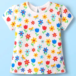 Babyhug 100% Cotton Knit Half Sleeves T-Shirt with Floral Print - White-image-77