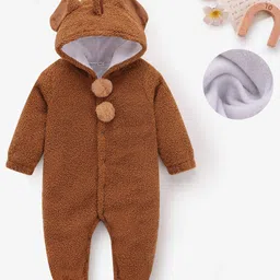 Mark & Mia Full Sleeves Winter Wear Solid Hooded Romper With Ear Applique - Brown-picture-20