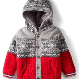 Babyhug Knit Full Sleeves Hooded Front Open Sweater with Aztec Design - Red & Grey-picture-16