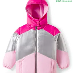 Babyoye Woven Solid Dyed Full Sleeves Hooded Padded Jacket With Color Block Design - Pink-picture-13