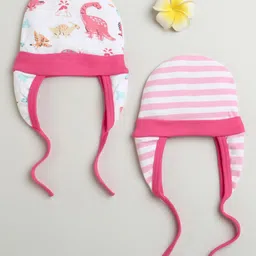 BUMZEE Cotton Knit Ear Flap Cap with Knot Dino & Striped Print Pack of 2 White & Pink - Diameter 10.5 cm-picture-11