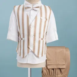 Robo Fry Cotton Woven Full Sleeves Three Piece Party Suit with Stripes & Bow - White & Dark Yellow-picture-15
