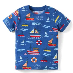 Babyhug Cotton Knit Half Sleeves Night Suit with Nautical Theme Print - Navy Blue image 2