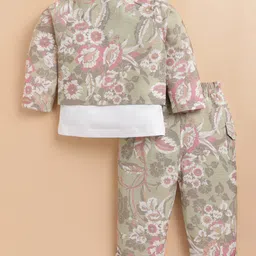 KIDZELLO Cotton Knit Full Sleeves Floral Printed Blazer & Pant With Tee Set - Mustard image 3