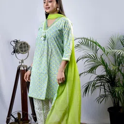 EKISHA Floral Printed A-Line Pure Cotton Kurta with Dhoti Pant & Dupatta image 2