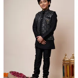 BT DEZINES Cotton Silk Woven Full Sleeves Solid Kurta Pyjama Set With Damask Zari Embroidered Jacket Set - Black image 4