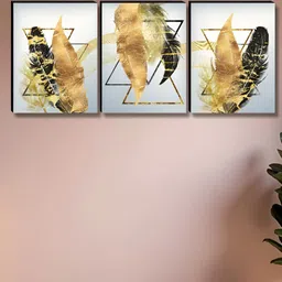 Livin'luxe White & Gold-Toned 3 Pieces Feather Printed Wall Arts-image-41